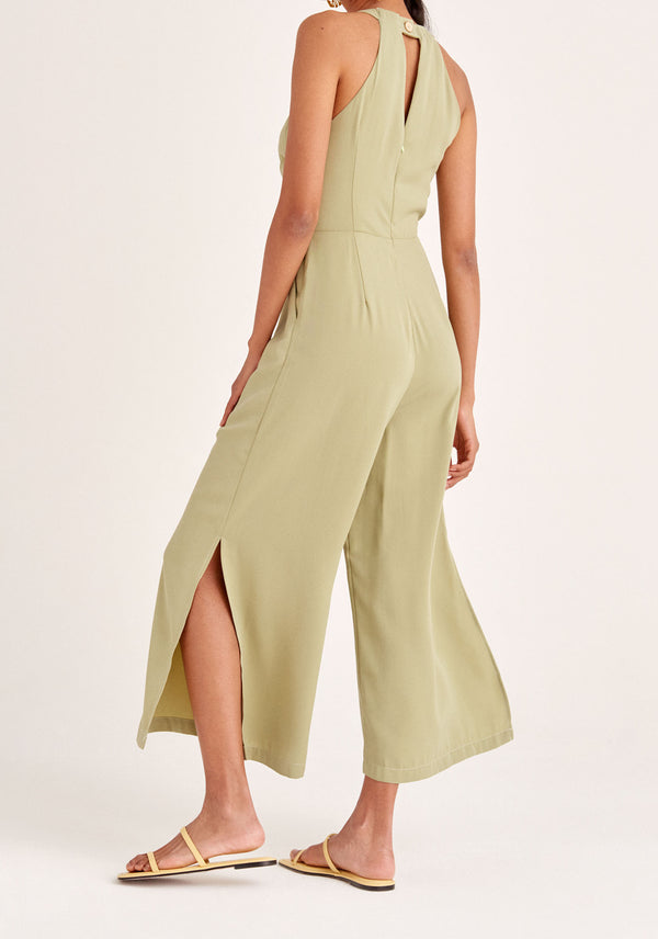 Paisie Detailed Waist Halterneck Jumpsuit in Light Green Back